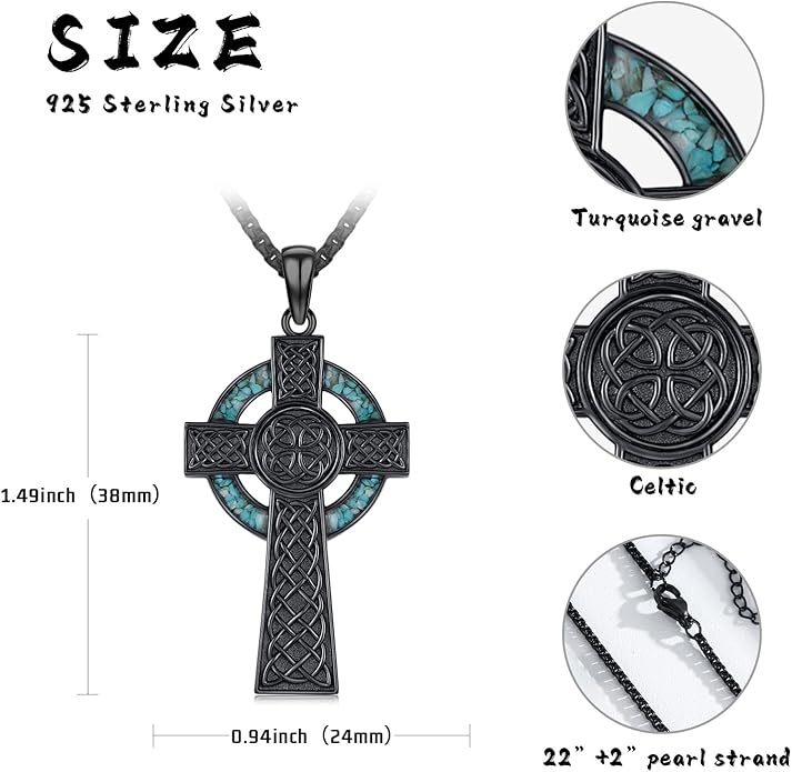 Midir&Etain Celtic Cross Necklace 925 Sterling Silver Cross Pendant Necklace Celtic Viking Irish Jewelry Religious Protective Gift for Men Women