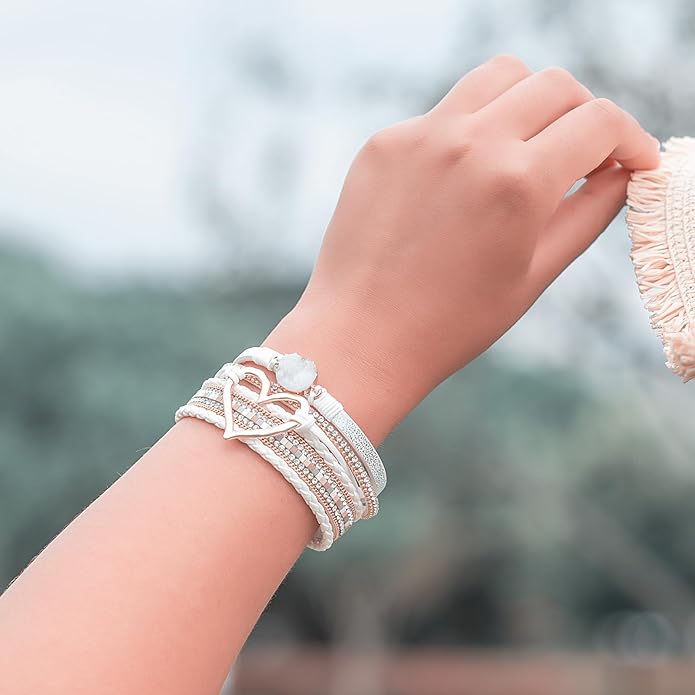 FANCY SHINY Heart Leather Wrap Bracelets Stackable Boho Cuff Bangles Trendy Resin Stone Rhinestone Bracelets with Magnetic Clasp for Women