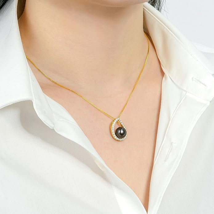 Tahitian Black Pearl Necklace for Women, Sterling Silver Single Pearl Pendant Jewelry Gift for Wife Mom Birthday Anniversary