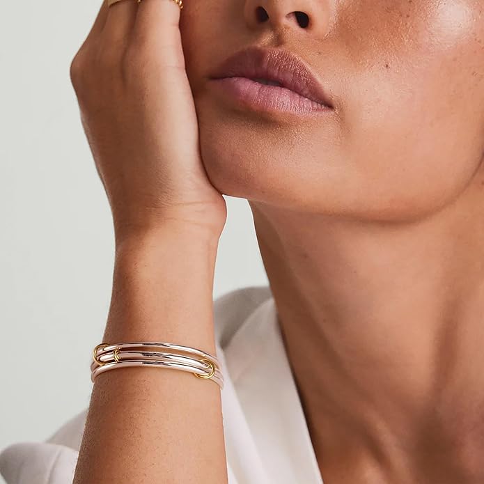 NOKMIT Triple Interlocked Stackable Bangle Bracelets for Women 3-Pack Two-Tone High Polished Stainless Steel Bangle Set Classic Plain Thin Non-Tarnish Gold&Silver