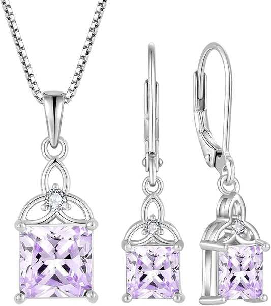 Celtic Trinity Knot Jewelry Set 925 Sterling Silver June Birthstone Alexandrite Necklace Earrings Irish Good Luck Jewelry Gifts for Women