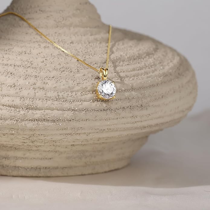 Everyday Elegance Solid 14K Gold Cubic Zirconia Solitaire Pendant Necklace for Women Heart, Princess, Round, Oval, Emerald, Pear & Cushion Cut 1 or 2 CTW | .60mm Thick 16" 18" Length Box Link Chain