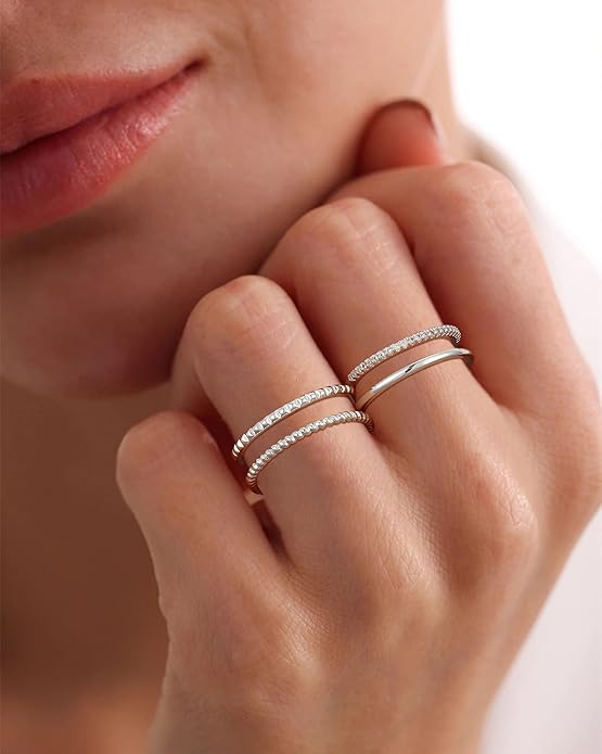Gold Silver Stackable Rings for Women Non Tarnish 1.3mm Thin Silver Rings Set 14K Gold Plated Dainty Trendy Cubic Zirconia Band Stacking Thumb Ring Jewelry Gifts Size 5-10