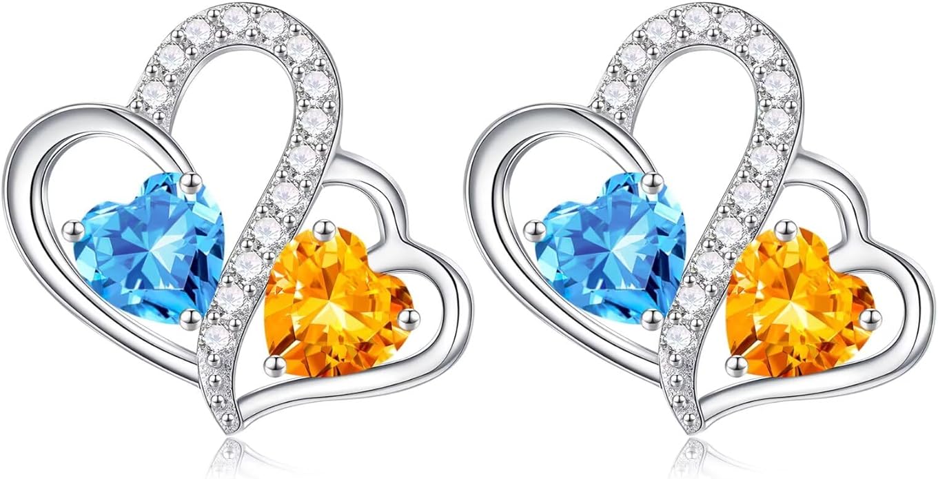 Iefil Valentines Day Gifts for Her - Birthstone Earrings Gift for Women, 925 Sterling Silver Double Heart Birthstone Earrings | Anniversary Birthday Gifts for Women, Personalized Jewelry for Wife Mom