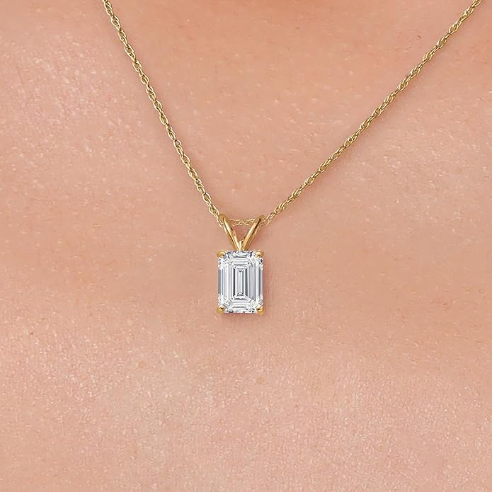 Gem Stone King 1 to 5 Carat 14K Gold IGI Certified Lab Grown Diamond Pendant Necklace For Women | Emerald Cut | E-F Color | VS1-VS2 Clarity | With 18 Inch Gold Chain