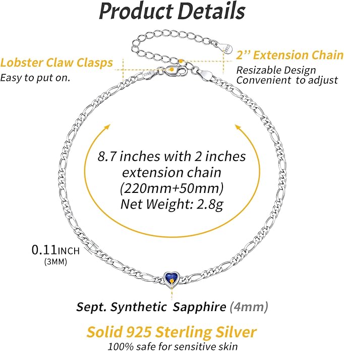 ChicSilver Sterling Silver Anklets Bracelets for Women, Figaro Chain Heart/Round Birthstone Anklet for Women Waterproof, Dainty Herringbone Ankle Bracelet Summer Beach jewelry