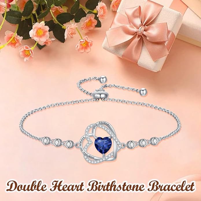 TOUPOP Heart Birthstone Bracelet 925 Sterling Silver Double Heart Bracelet Love You for Always and Forever Jewelry Anniversary Birthday Christmas Gifts for Women Wife Her
