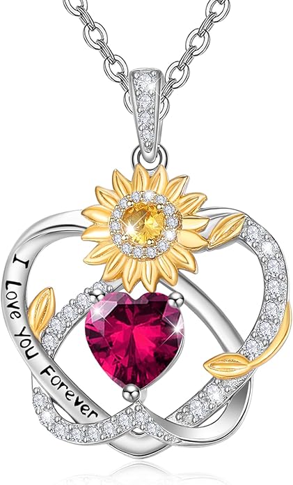 Zeuslia Double Birthstone Necklace Gifts for Wife - 925 Sterling Silver Sunflower/Rose/Crown Cross/Compass/Heart Pendant I Love You Necklace, Anniversary Birthday Gifts for Wife Girlfriend Mom Her