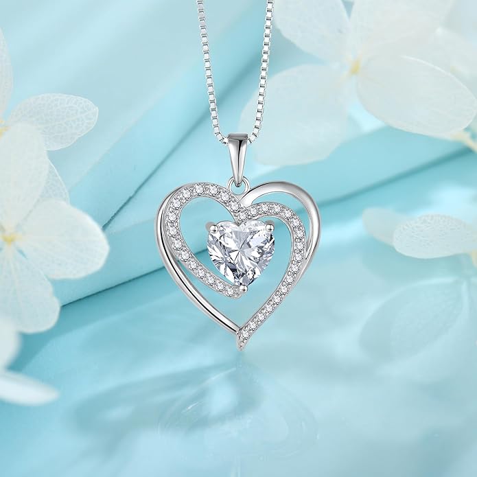 FJ Love Heart Necklace for Women 925 Sterling Silver Birthstone Pendant Anniversary Birthday Jewelry