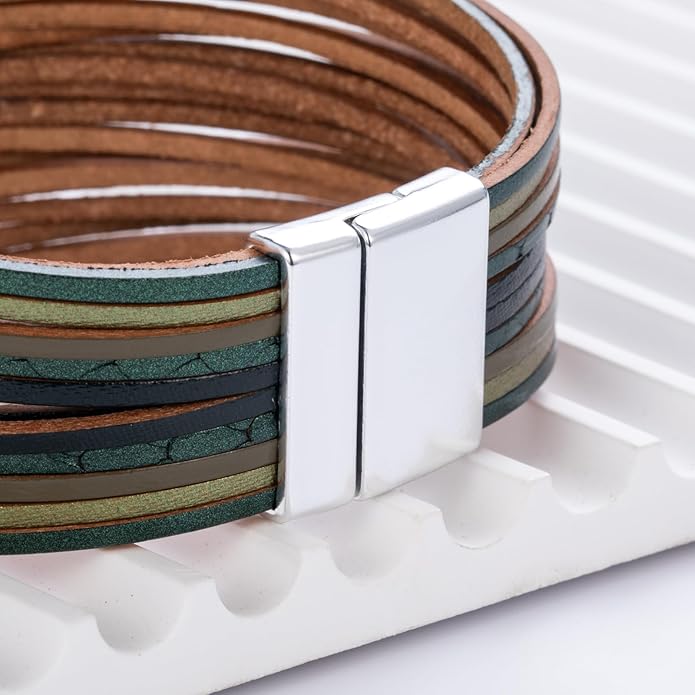 FANCY SHINY Boho Leather Wrap Bracelet Stackable Layered Bangle Cuff with Magnetic Clasp