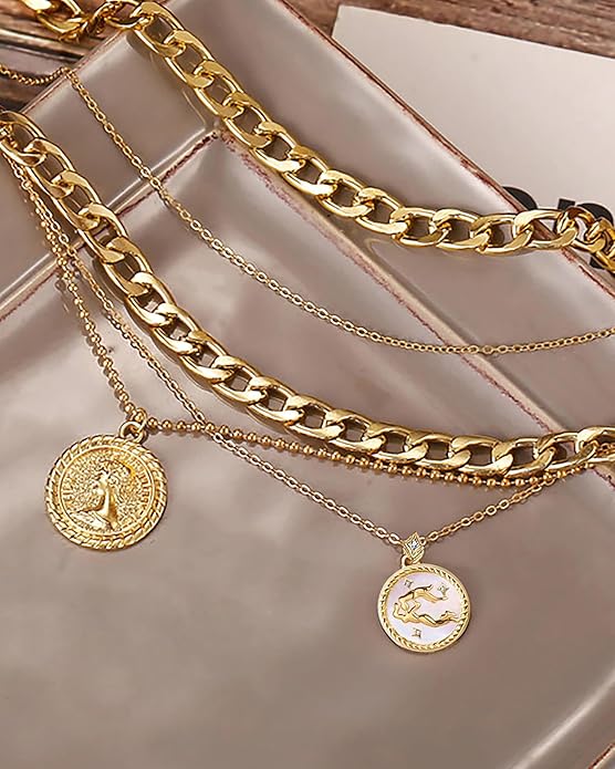 MJartoria Layered Necklaces for Women Trendy Retro Coin Pendant Necklace Dainty Chunky Chain Choker Necklaces for Jewelry Birthday Gifts