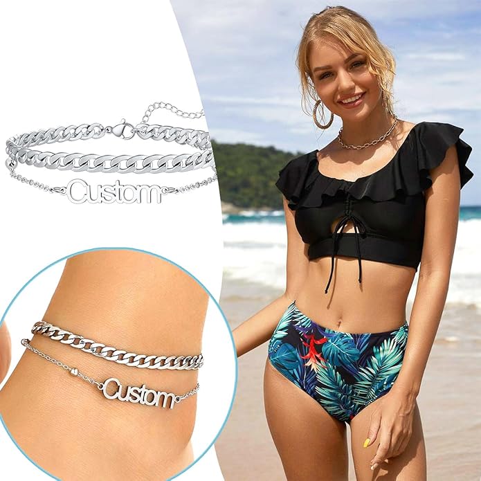 U7 Custom Layered Ankle Bracelets for Women Stainless Steel Bead/Cuban/Figaro/Rope/Wheat Chain Anklet Waterproof Anklet Jewelry for Beach Vacation