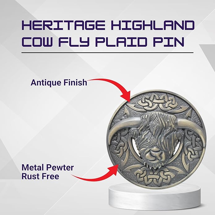 Highland Cow Kilt Brooch with Celtic Knot - Traditional Scottish Helian Coo Plaid Brooches for Men – Handcrafted Tartan Sash Pin, Luxurious Accessory for Women’s Dress