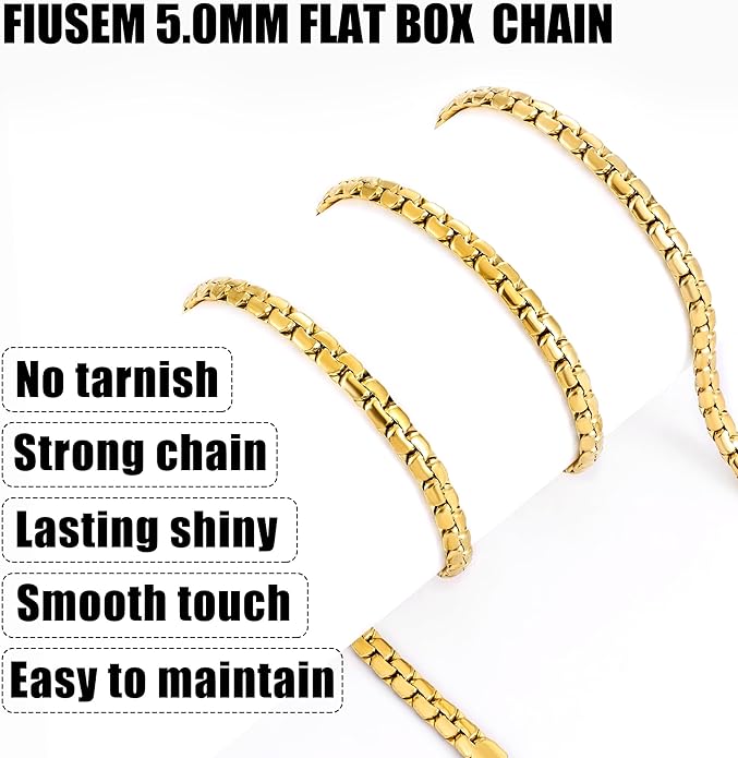 Fiusem Flat Box Chains for Men, 14k Gold Plated Stainless Steel Chain Necklace, 2.5/3/4/4.5/5mm Necklaces for Men and Women 16-28 Inch