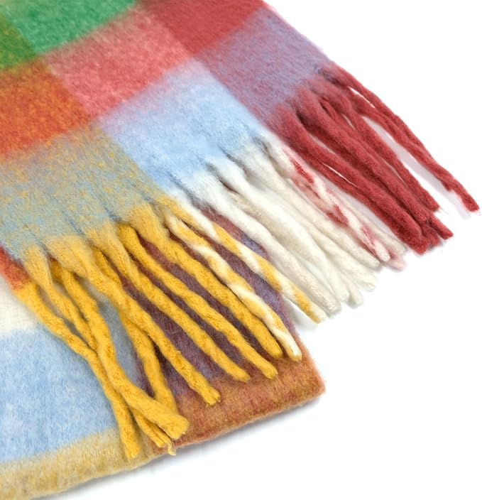 SHOHOKU Large Chunky Plaid Scarf Coloured Checked Oversized Scarf Tassel Soft Fall Winter Thick Warm Shawl Women
