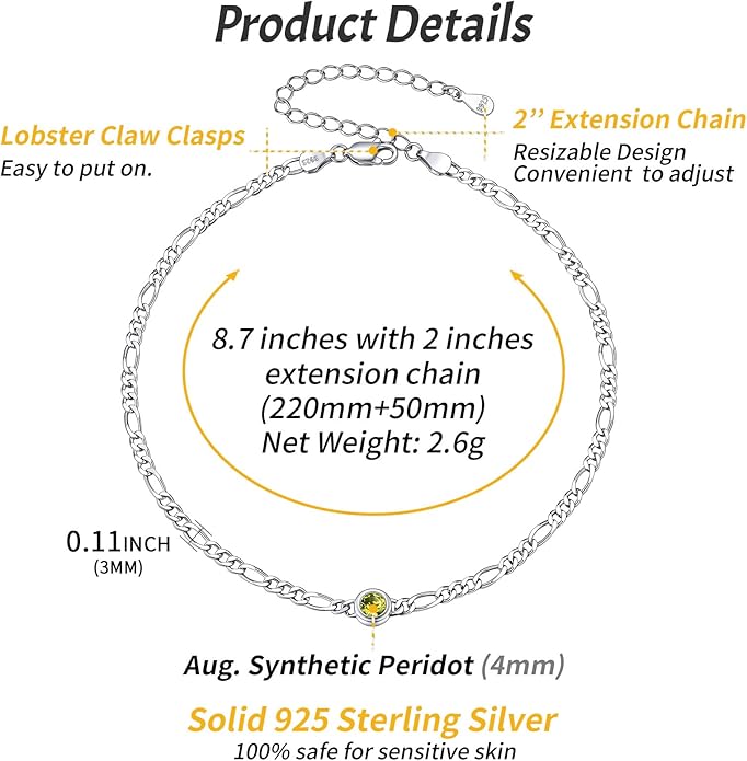 ChicSilver Sterling Silver Anklets Bracelets for Women, Figaro Chain Heart/Round Birthstone Anklet for Women Waterproof, Dainty Herringbone Ankle Bracelet Summer Beach jewelry