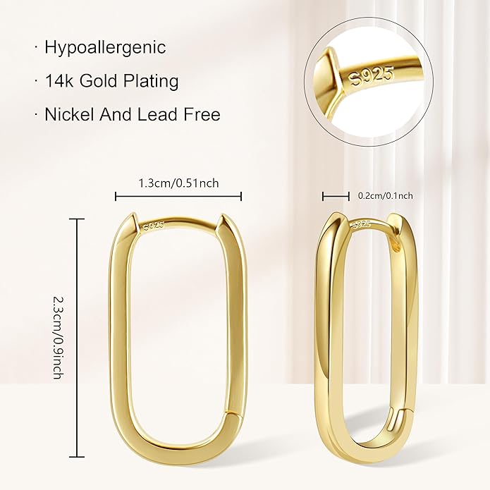 925 Sterling Silver Hoop Earrings for Women Trendy Small Square Hypoallergenic 14K Gold Plated Hoop Earrings Geometric Minimalist Rectangle Hoops Earrings