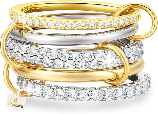 18K Gold plated Stackable Rings For Women Silver And Gold Stackable Ring Set Cubic Zircon Mixed Metal Rings For Engagement Wedding Birthday Valentine's Day Mother's Day Gift