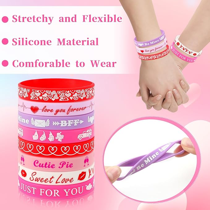 JUNEBRUSHS 64Pcs Valentine's Day Party Favors Silicone Bracelets Pink Red Love Heart Rubber Wristbands Accessories for Adults Valentine's Day Wedding Party Decorations Gift (8 Designs)
