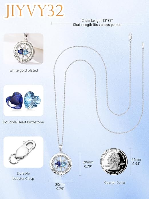 Compass Birthstones Necklace for Women, Exquisite Anniversary Birthday Gifts for Wife Her Double Birthstone Pendant jewelry ‘I'd be Lost Without You’