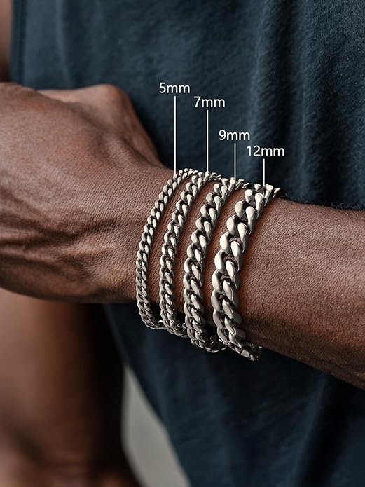 FaithHeart Mens Stainless Steel Cuban Link Bracelet - 5/7/9/12mm Width 7.5"/8.3"/9" Black/Silver/Gold Plated Heavy Duty Wrist Chain Bracelet Hip Hop Jewelry Birthday Gifts for Him