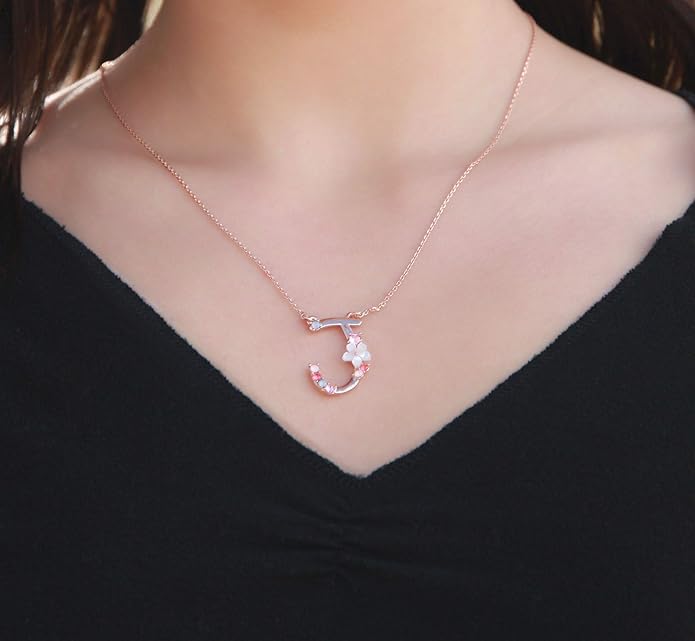 Flower Initial Letter Necklace Pink Red Blue Simulated Pearl Pendant Name Jewelry Made with Austrian Crystals Rose Gold Plated Anniversary Birthday Gifts for Women,18"+2"