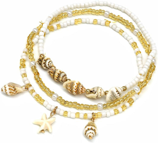 Shell Ankle Bracelet Set for Women, Gold Plated Boho Bead Adjustable Anklet, Hawaiian Beach Seashell Pearl Heart Starfish Conch Foot Jewelry Gifts