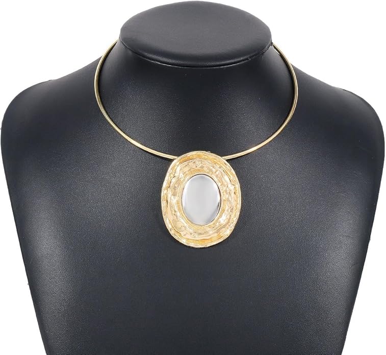 Fashion Chunky Statement Necklaces - African Choker Necklace with Gold Oval Pendant,Tribal Collar Necklace Hammered Metal Jewelry for Women