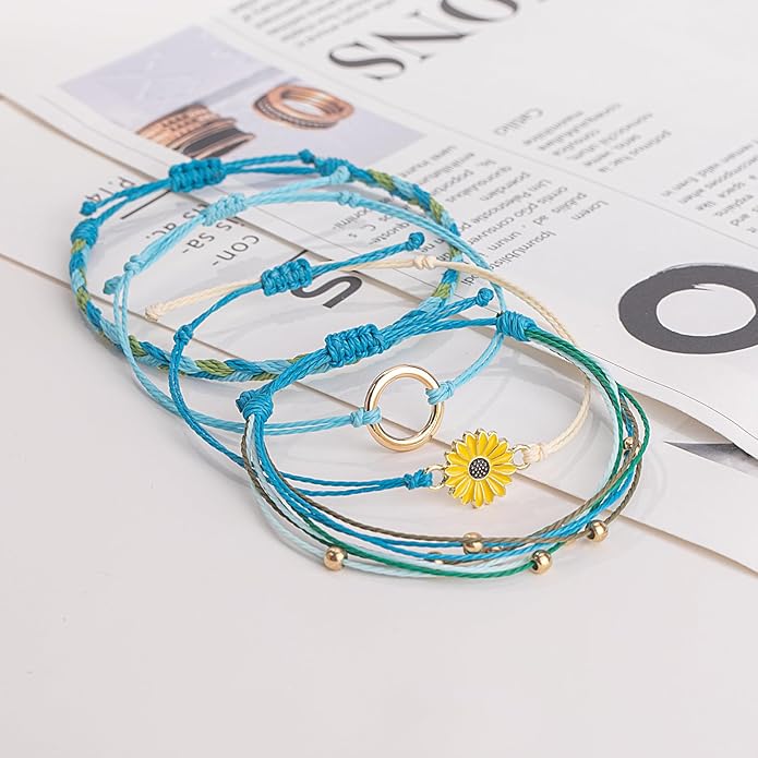 FANCY SHINY Sunflower String Bracelet Boho Braided Rope Wrap Bracelets Cute Summer Beach Surfer Jewelry for Women