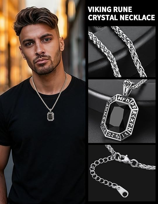 ChainsHouse Viking Rune Pendant Necklace for Men Women, Punk Biker Black Metal/316L Stainless Steel Onyx Norse Vintage Amulet Necklaces with Black/Red/Green/Blue Gemstone, Send Gift Box