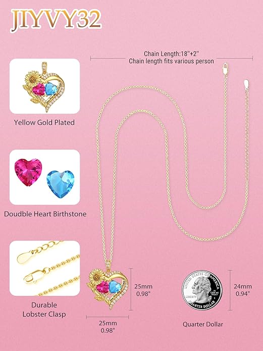Sunflower Heart Necklace for Women 14K Gold Exquisite Anniversary Birthday Gifts for Wife Mother Her Double Birthstone Pendant jewelry‘You Are My Sunshine’