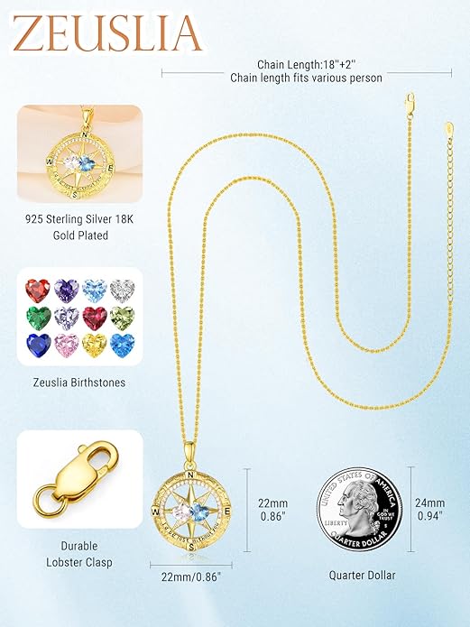 Zeuslia Double Birthstone Necklace Gifts for Wife - 925 Sterling Silver Sunflower/Rose/Crown Cross/Compass/Heart Pendant I Love You Necklace, Anniversary Birthday Gifts for Wife Girlfriend Mom Her