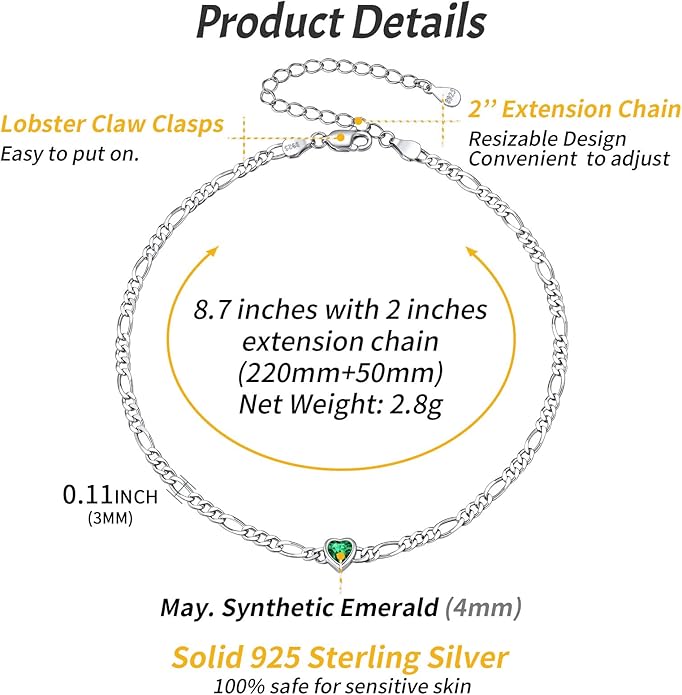 ChicSilver Sterling Silver Anklets Bracelets for Women, Figaro Chain Heart/Round Birthstone Anklet for Women Waterproof, Dainty Herringbone Ankle Bracelet Summer Beach jewelry