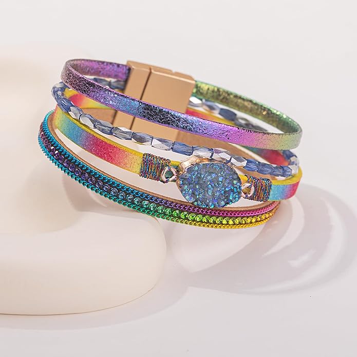 FANCY SHINY Leather Wrap Bracelet Boho Cuff Bangle Bracelets Crystal Bead Bracelet with Magnetic Clasp Jewelry Gifts for Women