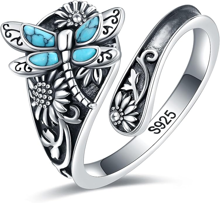 S925-Sterling-Silver Abalone Dragonfly-Turquoise Spoon Ring - Vintage Boho Sunflower Thumb Oxidized Wrap Rings Victorian Style Antique Floral Jewelry Gifts for Women