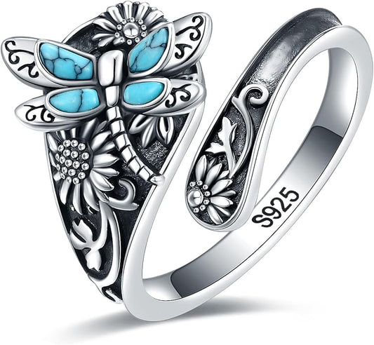 S925-Sterling-Silver Abalone Dragonfly-Turquoise Spoon Ring - Vintage Boho Sunflower Thumb Oxidized Wrap Rings Victorian Style Antique Floral Jewelry Gifts for Women