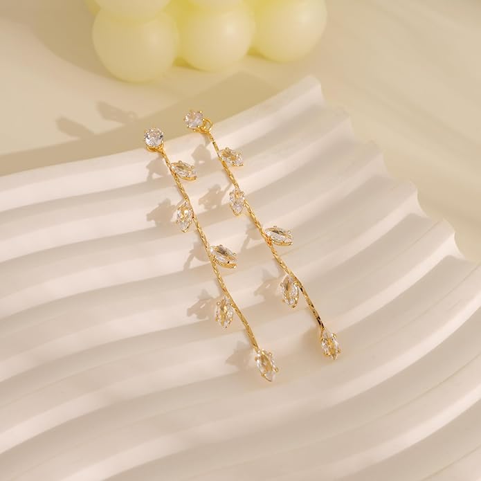 Gold Earrings for Women,Dainty 14k Gold Plated Pearl Drop Earring Dangle Pearl Dangling Earrings for Women Trendy Small Cute Wedding CZ Earring Long Chain Threader Prom Jewelry Gifts