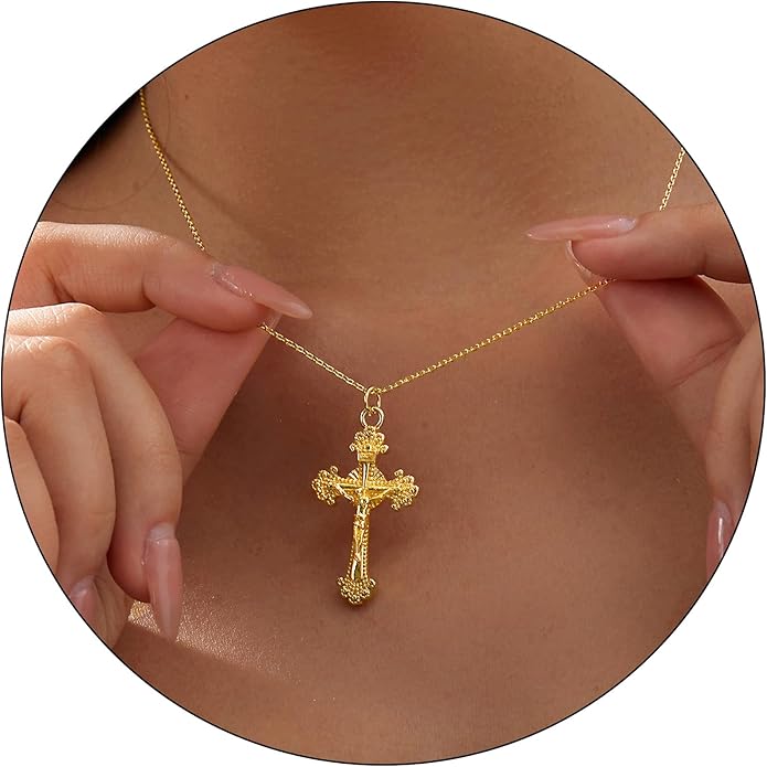 Partm Gold Cross Necklace for Women 14K Plated Dainty Pendant Cross Chain Faith Crucifix Choker Baptism Necklace for Women Trendy Religious Jewelry Hypoallergenic