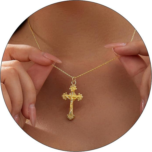 Partm Gold Cross Necklace for Women 14K Plated Dainty Pendant Cross Chain Faith Crucifix Choker Baptism Necklace for Women Trendy Religious Jewelry Hypoallergenic