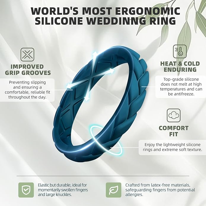 Egnaro Women's Silicone Stackable Rings 3.5mm Wide 2mm Thick, Rubber Flexible Hypoallergenic Wedding Bands For Workout Leaf Braided Fashion
