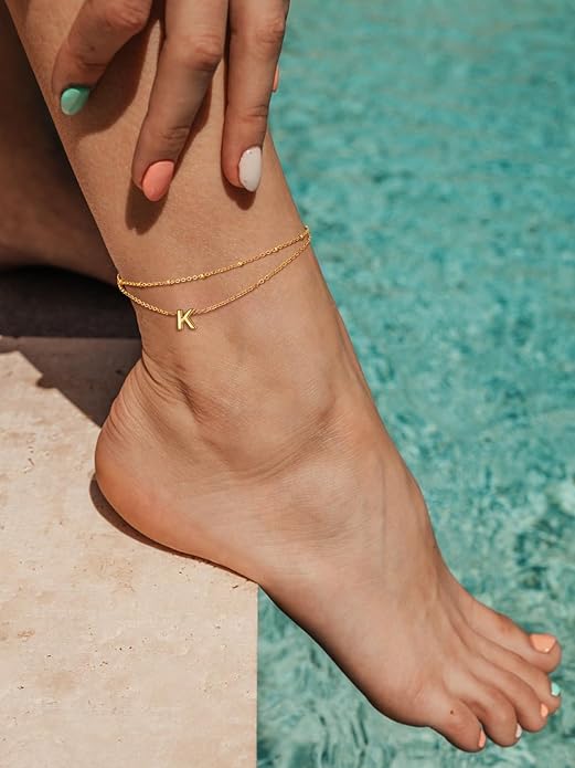FaithHeart Initial Ankle Bracelets for Women, Waterproof 14k Gold Plated Initial Anklets Non Tarnish Stainless Steel Layered Anklet Summer Beach Foot Jewelry