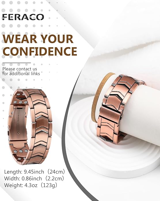 Feraco Copper Bracelet for Men 3X Strength,Magnetic Therapy Bracelet Copper Jewelry with Powerful 3800 Gauss Magnets,Premium Fold-Over Clasp
