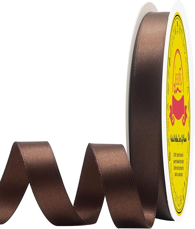 LEEQE Double Face Brown Satin Ribbon 5/8 inch X50 Yards Polyester Brown Ribbon for Gift Wrapping Very Suitable for Weddings Party Invitation Decorations and More
