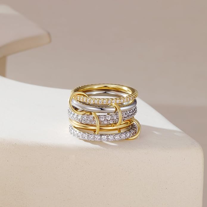 FUSAHURIY 2PCS Gold Stackable Rings Set for Women, 14K Gold Plated Interlocking Linked Rings with Cubic Zirconia, Gold Silver Mixed Metal Stackable Ring, Statement Jewelry Gifts