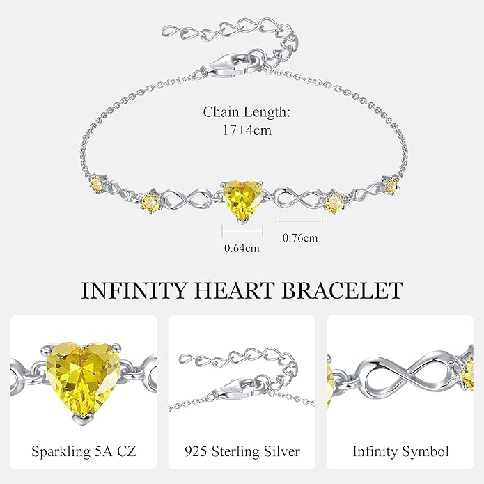 G&GEMSJEW Infinity Heart Birthstone Bracelets for Women, 925 Sterling Silver Women Charm Link Bracelet Adjustable, Birthday Anniversary Christmas Jewelry Gifts for Women Wife Mom Girlfriend Her