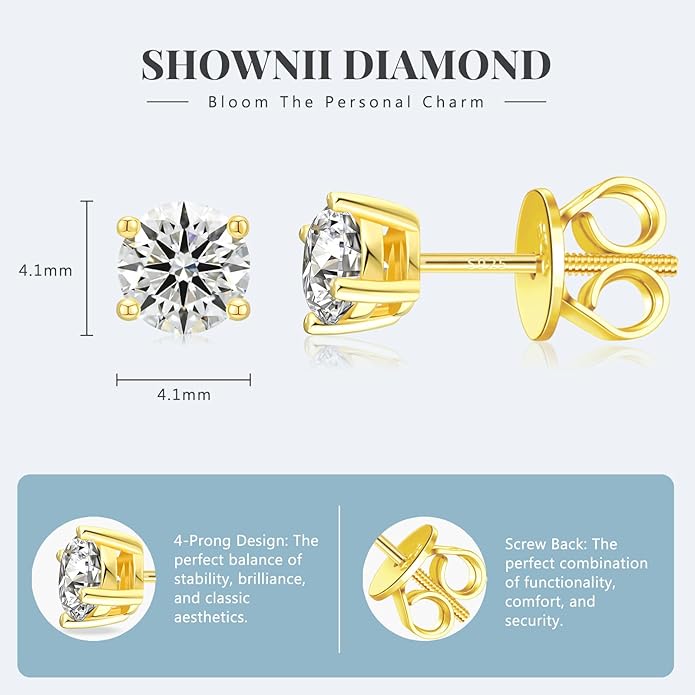 SHOWNII Diamond 4-Prong Lab-Grown Diamond Stud Earrings for Women 0.5CT 1CT 14K Gold Plated S925 Sterling Silver Screw Back Earrings(I-J Color, S1-VS2 Clarity)