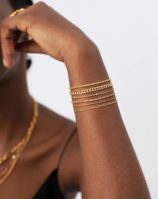 DEARMAY Waterproof Gold Plated Bracelets Set for Women Trendy, Dainty 14K Gold Jewelry Fashion Stackable Tennis Beaded Figaro Herringbone Paperclip Link Bracelet Pack Stack Gifts for Women