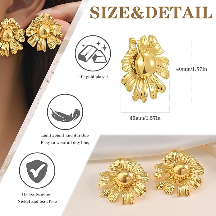 Womens Floral Gold Studs Earrings - 14K Gold Plated Earring,Personality Summer Big Flower Stud,Hypoallergenic Statement Chunky Ear Rings Aretes Trendy Jewelry,Christmas Birthday Prom Gifts for Her