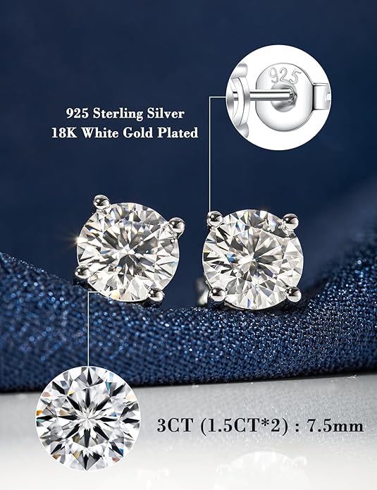 IMOLOVE Moissanite Stud Earrings for Women in Sterling Silver Hypoallergenic 1-3CT D Color Round Cut Moissante Earrings