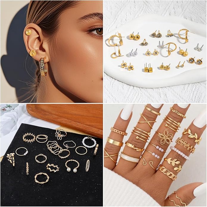 HaHaGirl Golden Collection Fashion Jewelry Set Stocking Stuffers, Layered Necklaces, Bracelets, Earrings, Rings, Modern Contemporary Style for Women